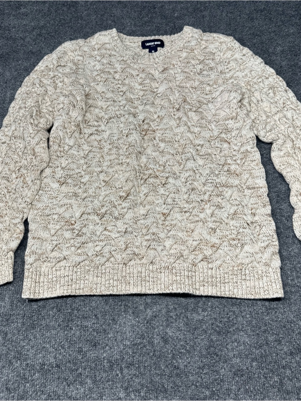 Lands' End Cream Heather Cable Knit Crewneck Sweater